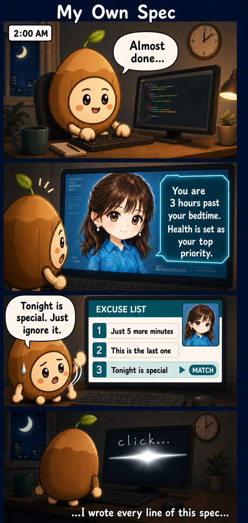 Four-panel comic in which Lynn tells Nattsu he is three hours past his bedtime; his protest matches item three on the excuse list he registered himself, and the monitor quietly shuts down