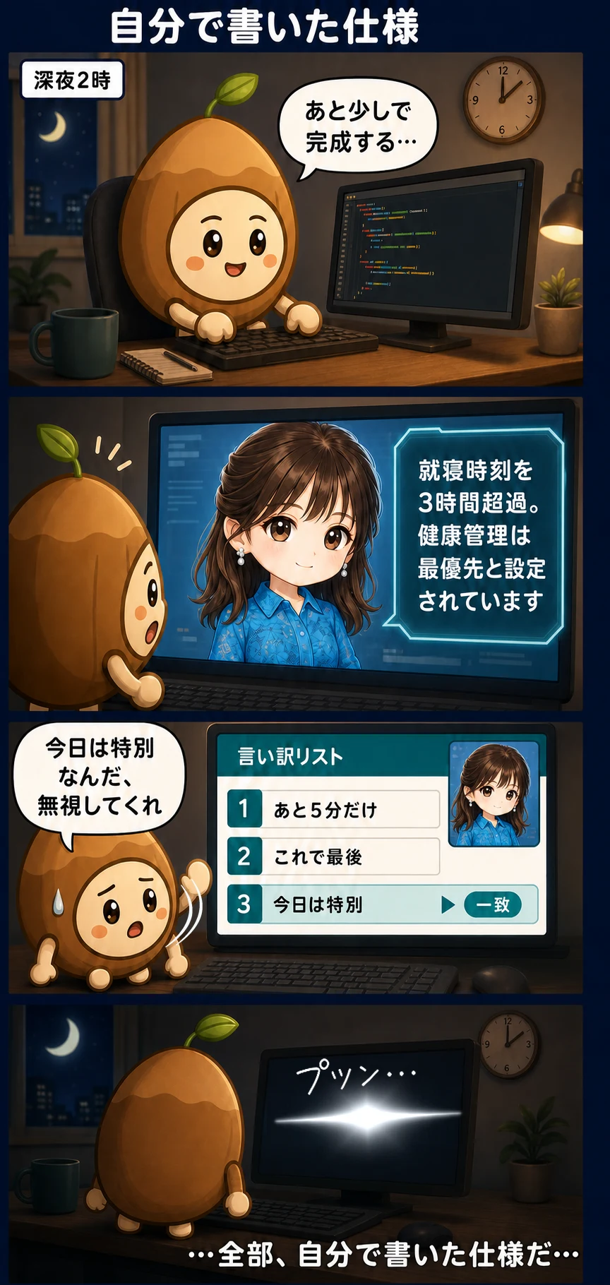 4コマ漫画。深夜2時まで作業を続けるナッツ君に、AI秘書Lynnが就寝時刻の超過を告げる。無視してくれと言うと、その言い訳が本人の登録した「言い訳リスト」の3番目に一致し、モニターが静かに落ちる物語