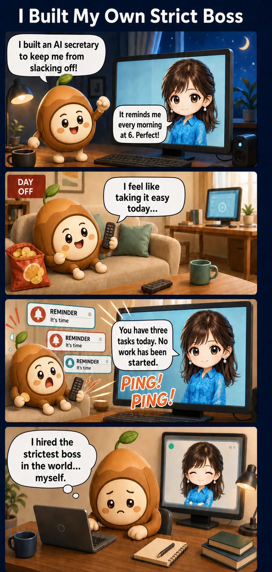 Four-panel comic in which Nattsu builds an AI secretary, Lynn, only to realize he has hired the strictest boss in the world