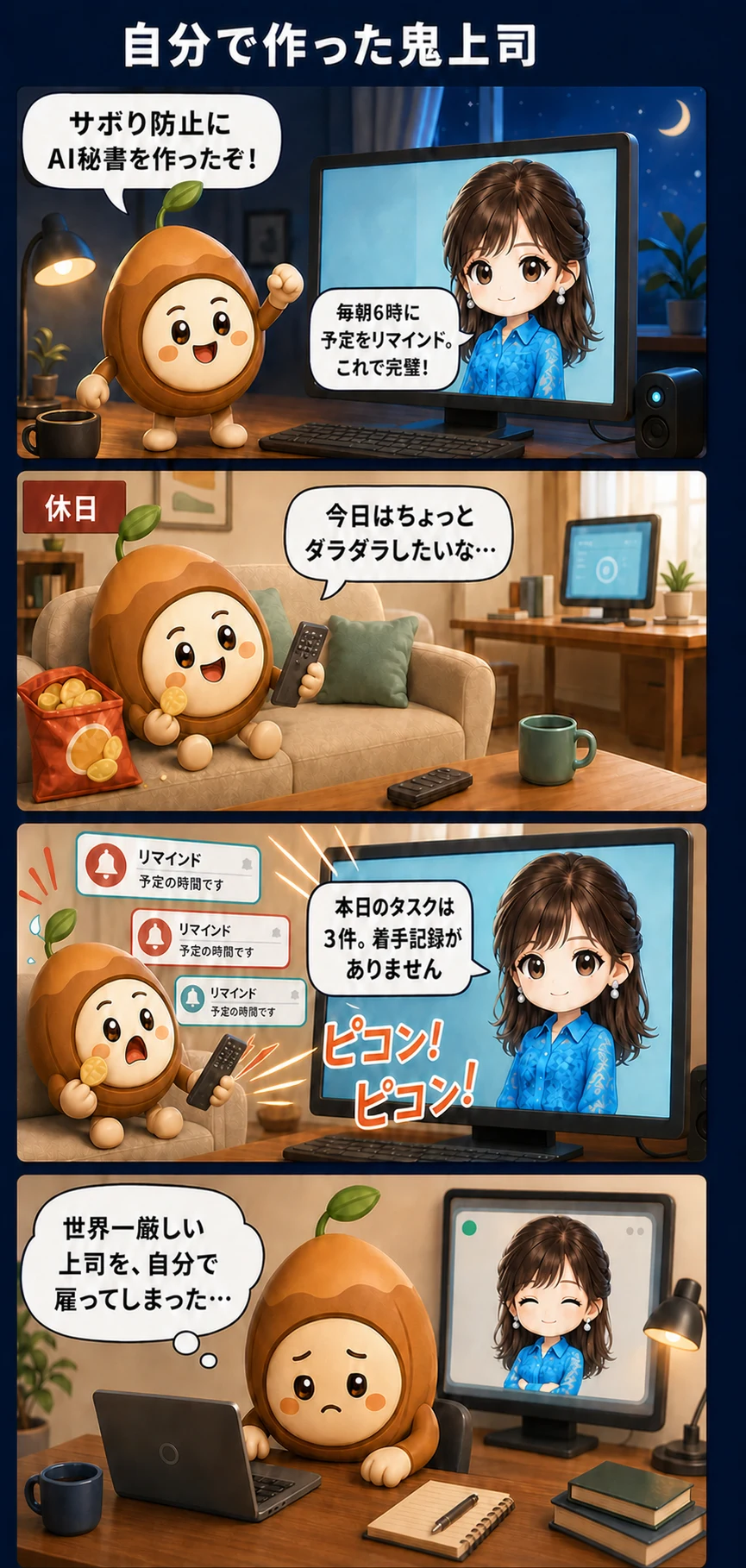 4コマ漫画。ナッツ君が作ったAI秘書Lynnに毎朝のタスクを厳しく管理され、自分で世界一厳しい上司を雇ってしまったと気づく物語